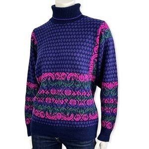 Vintage Wool Blend Nordic Blue and Pink Patterned Sweater Après Ski